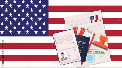 United States visa, open stamped passport with visa approved document for border crossing. Immigration visa concept. Background with USA flag. vector illustration