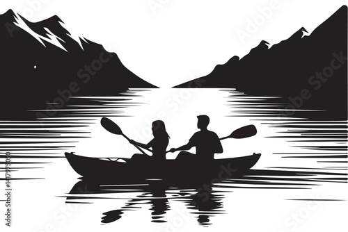 Silhouette Couple Paddling Kayak Adventure Vector Image for Designers