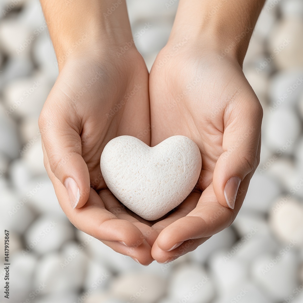 Fototapeta premium Heart-shaped stone in gentle hands peaceful setting image calm environment close-up love and care concept