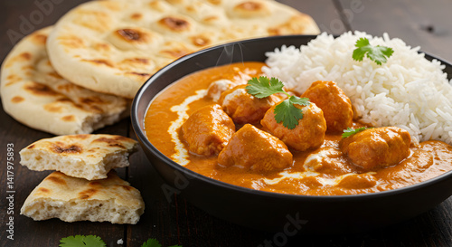 Exquisite Indian Chicken Tikka Masala with Rice and Naan Bread