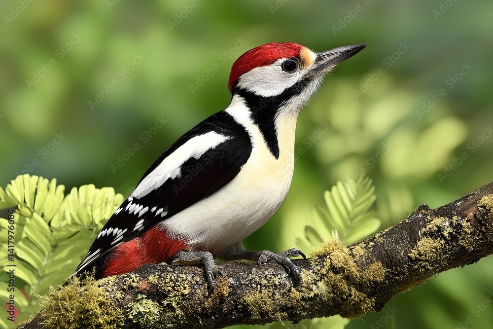Great Spotted Woodpecker Bird Perched Mossy Branch with Red Head and Green Backdrop Great Spotted Woodpecker Bird Perched Mossy Branch with Red Head and Green Backdrop