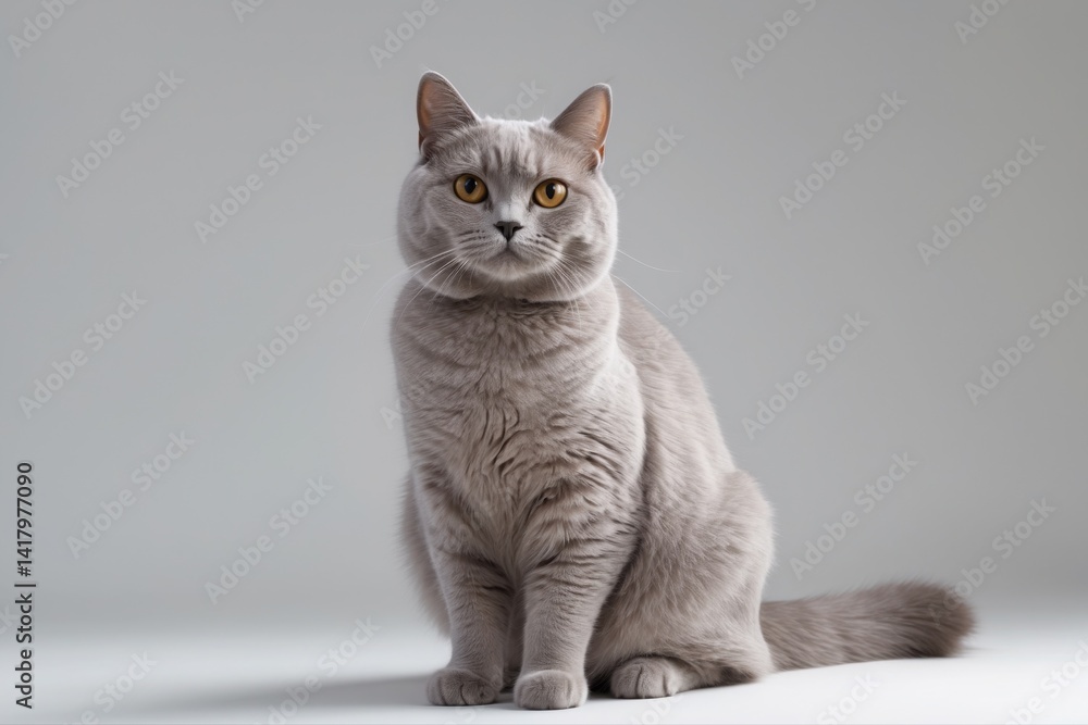 A lilac british shorthair cat sitting upright with yellow eyes on a white and grey background A lilac british shorthair cat sitting upright with yellow eyes on a white and grey background