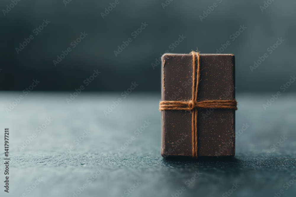 Handcrafted chocolate bar tied with twine on a textured dark surface, showcasing artisanal design Handcrafted chocolate bar tied with twine on a textured dark surface, showcasing artisanal design