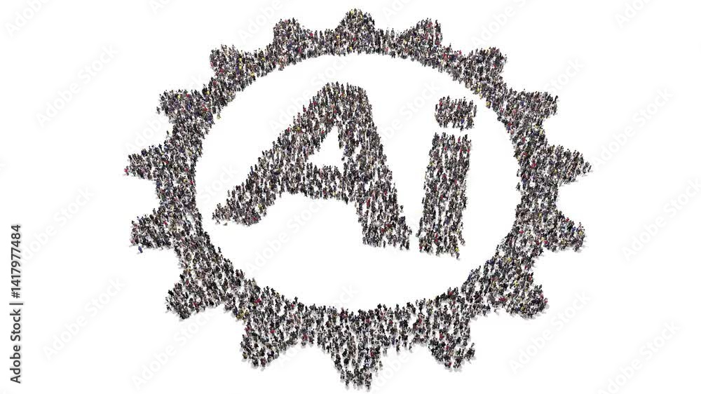 Aerial Crowd Animation Forming 'AI' Surrounded by Rotating Gear Shape – Futuristic Technology Concept
Aerial Crowd Animation Forming 'AI' Surrounded by Rotating Gear Shape – Futuristic Technology Concept