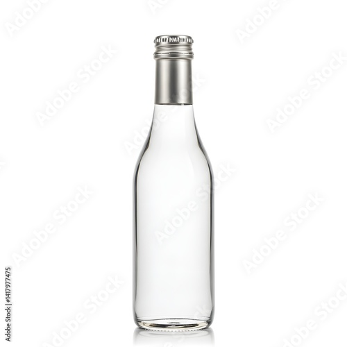 Wallpaper Mural Clear Glass Bottle with Metallic Silver Cap Isolated on White Background - Beverage, Drink Container. Torontodigital.ca