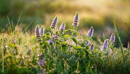Morning wild mint on the meadow with drops of dew