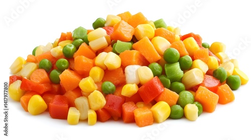 A vibrant pile of mixed vegetables, including carrots, corn, peas, and bell peppers, is perfectly arranged against a clean white background.  Ideal for healthy eating and culinary themes.