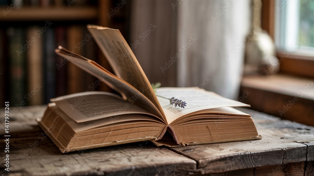 Obraz premium A serene photograph of an open vintage hardcover book with a sprig of lavender placed delicately between the pages.