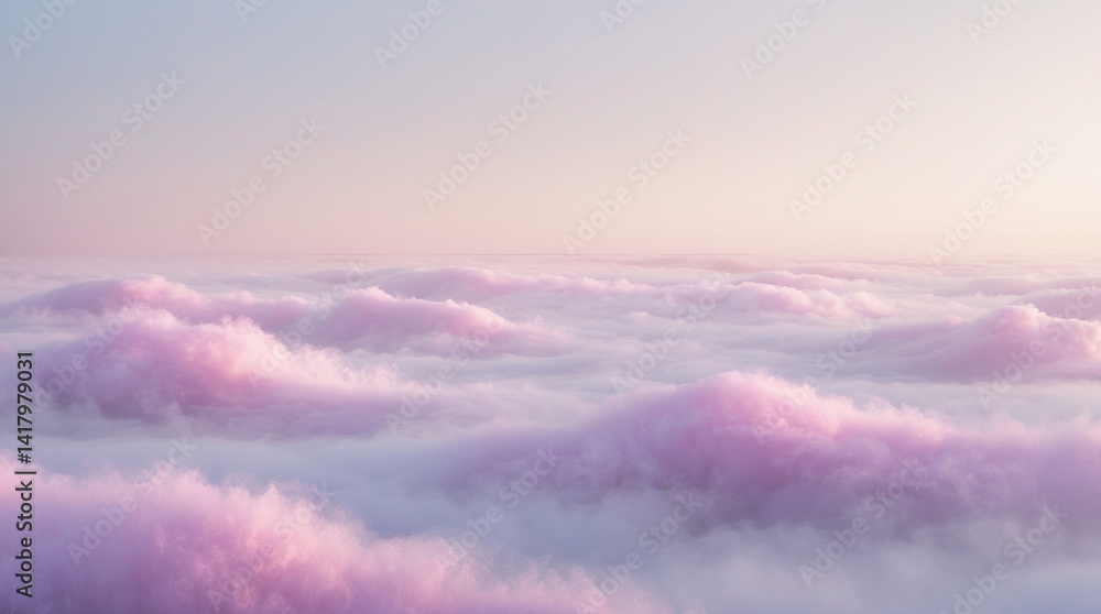 Obraz premium A serene dreamscape of cotton candy clouds drifting at sunset, bathed in soft pink hues and ethereal light.