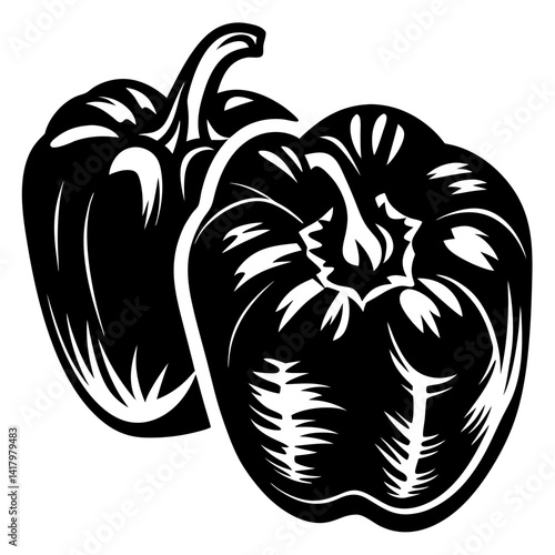 Monochrome illustration featuring two bold and graphic bell peppers side by side