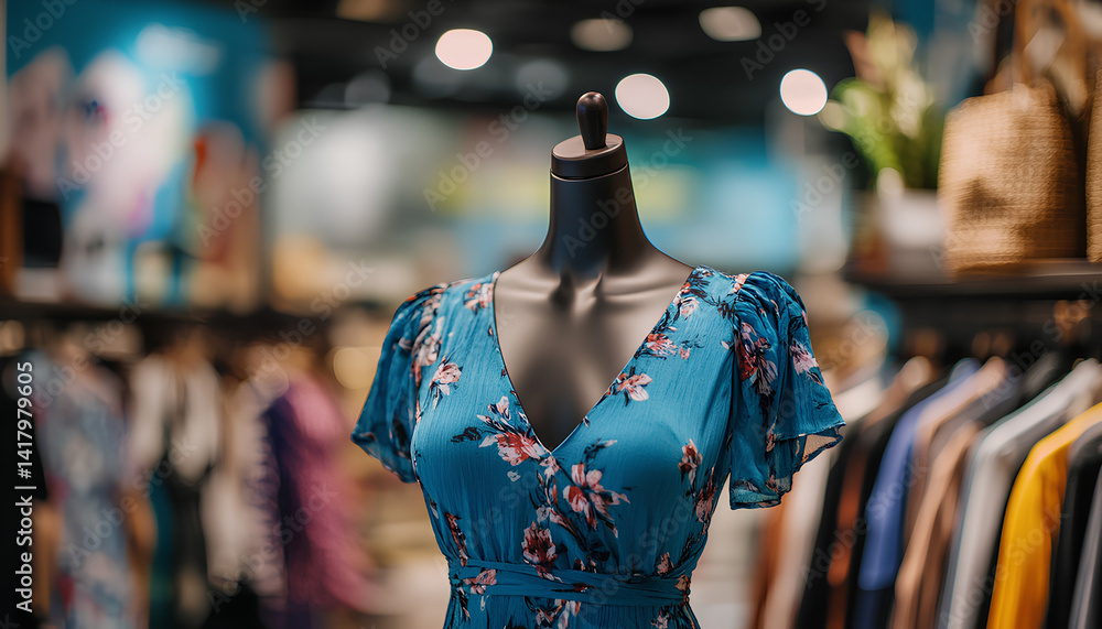 Obraz premium Female mannequin with stylish blue dress and other clothes indoors