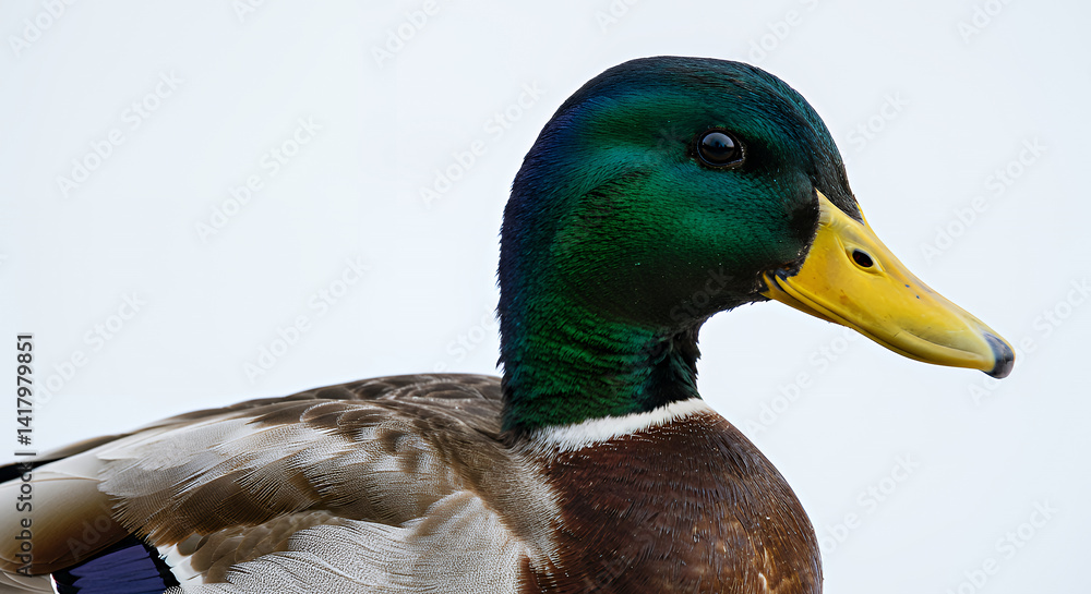 Obraz premium Close up Profile of a Male Mallard Duck with Vibrant Green Head and Yellow Bill