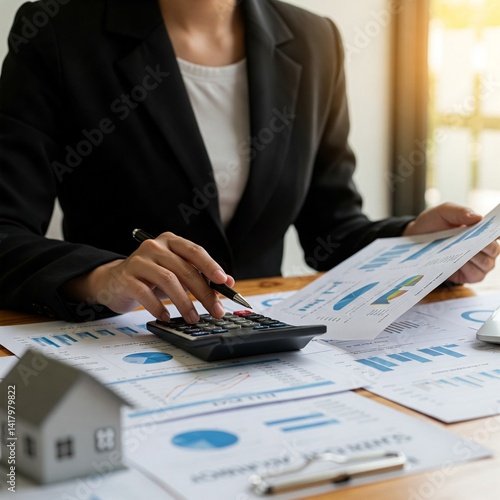 Wallpaper Mural Focused businesswoman close-up working accounting calculating expenses income analyzing real estate investment data financial systems professional background Torontodigital.ca