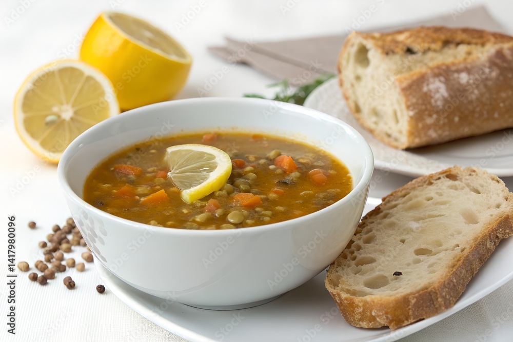 A bowl of lentil soup with lemon slice and bread piece, simple styling on white surface A bowl of lentil soup with lemon slice and bread piece, simple styling on white surface
