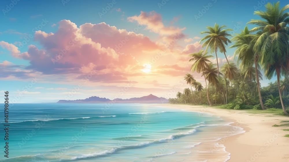 Fototapeta premium A serene tropical beach scene featuring gentle waves lapping at a sandy shore, framed by lush palm trees.