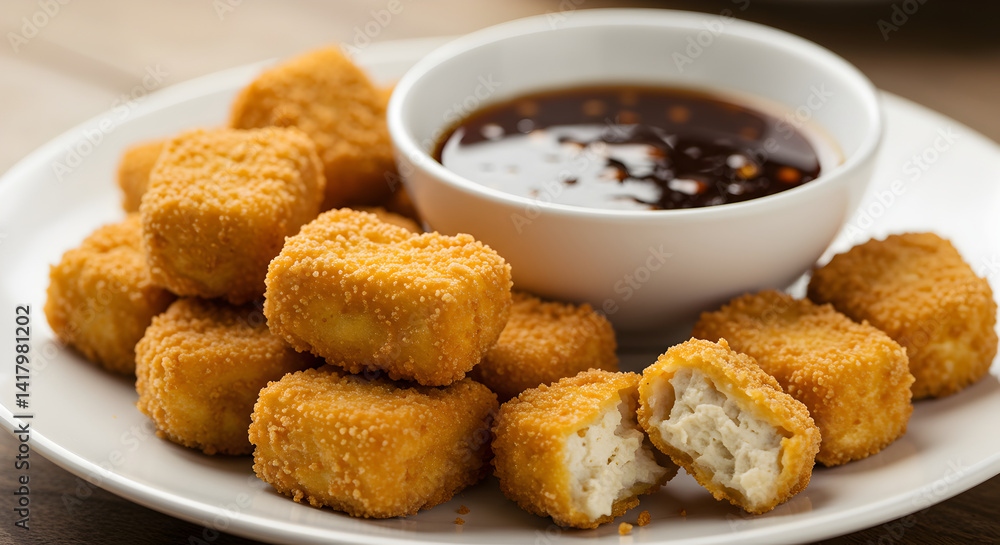 Golden Chicken Nuggets Arranged with Tangy Dipping Sauce On White Plate Golden Chicken Nuggets Arranged with Tangy Dipping Sauce On White Plate