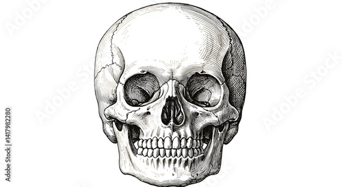Illustration of a human skull in detailed engraving style