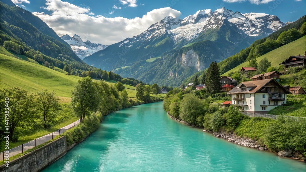 Fototapeta premium Turquoise River Winding Through Lush Valley with Mountain Views 39