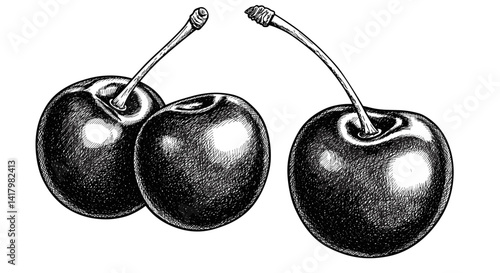 Illustration of three black cherries on a white background