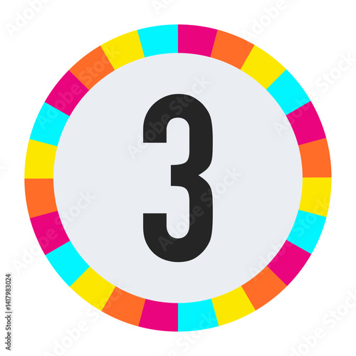 black number “3” on light background with vibrant multicolor circle frame