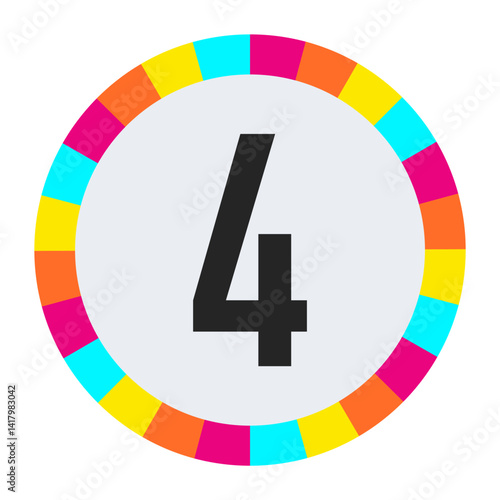 black number “4” on light background with vibrant multicolor circle frame