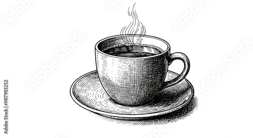 Illustration of a steaming cup of coffee on saucer