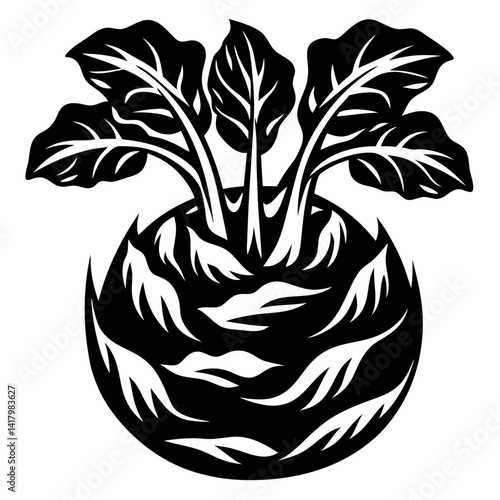 Stylized Celeriac Plant Illustration in Black and White, Root and Leaves