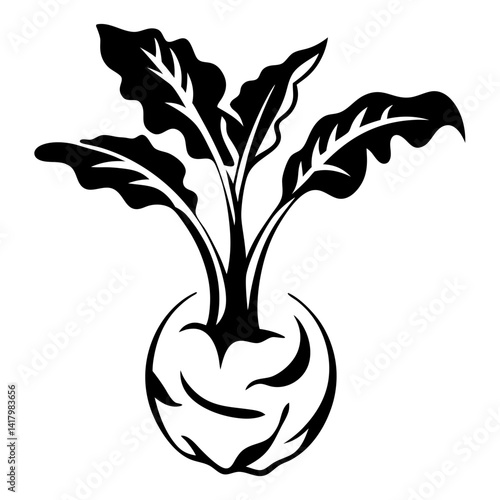 Stylized Kohlrabi Illustration Showing the Bulb and Edible Leaves in Black and White
