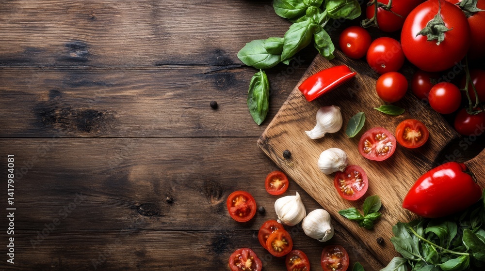 Fresh cherry tomatoes and garlic on wooden board Fresh cherry tomatoes and garlic on wooden board
