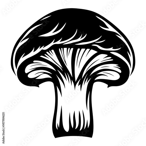 Stylized Black and White Mushroom Illustration with Intricate Gill Details