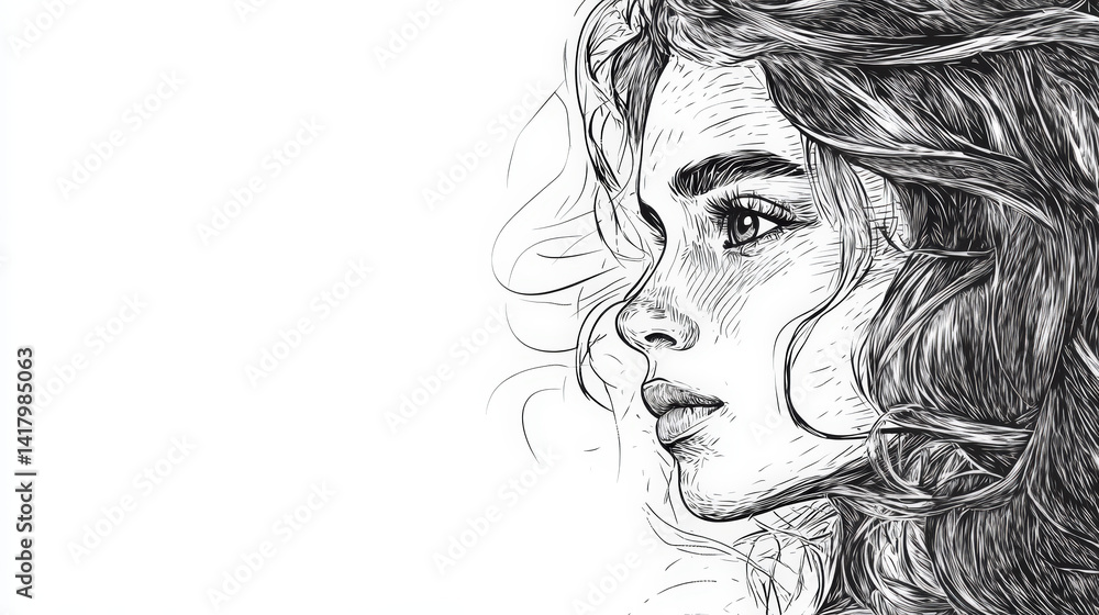 Fototapeta premium Elegant Woman's Profile Sketch. A profile portrait of a woman with long flowing hair, rendered in a detailed sketch style with a focus on the face.