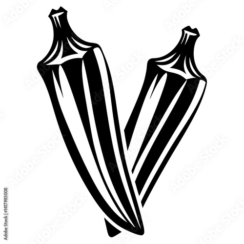 Two Okra Pods Overlapping in Bold Black and White Design