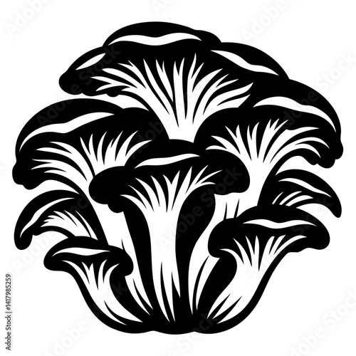 Monochrome illustration of a cluster of stylized mushrooms with gills shown underneath