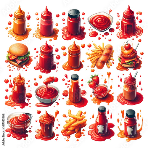collection of ketchup stains each one is shot separately isolated on white background
