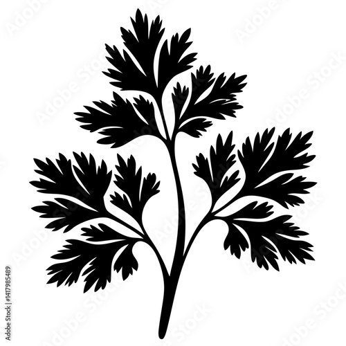 Stylized black and white vector illustration of a parsley plant sprig