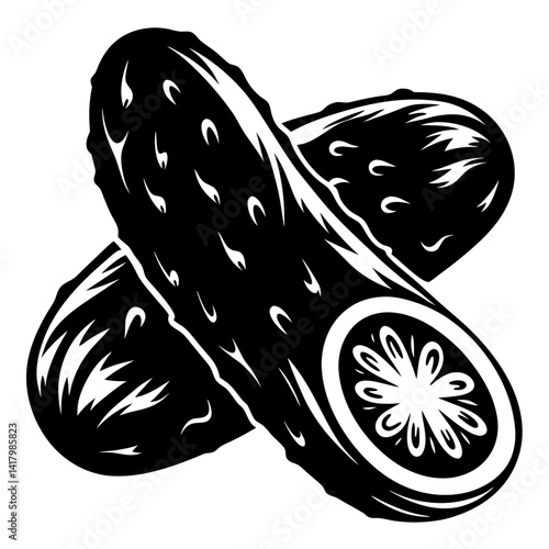 Bold artistic depiction of two overlapping dill pickles in black and white