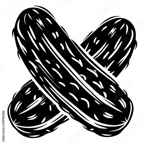 Crossed stylized dill pickles, black and white food illustration design graphic