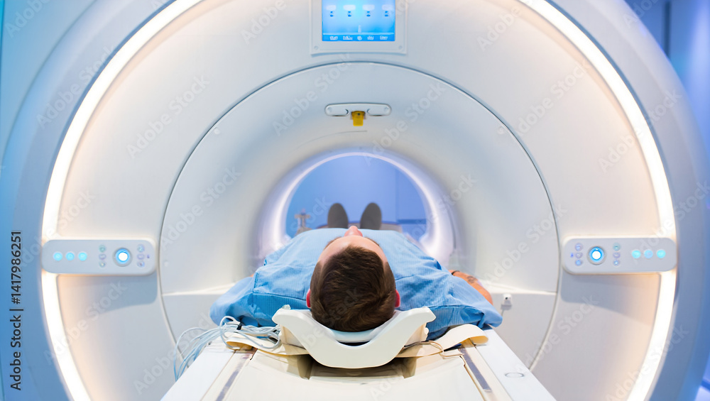 patient undergoing examination using advanced medical technology MRI, CT or PET scan with healthcare worker performing examination procedure