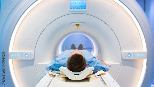 Obraz na płótnie patient undergoing examination using advanced medical technology MRI, CT or PET scan with healthcare worker performing examination procedure w salonie