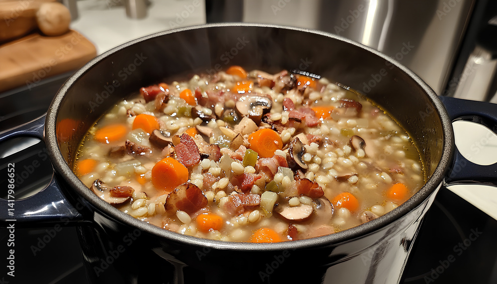 Homemade and delicious soup made with wild mushrooms, bacon, carrots and barley Homemade and delicious soup made with wild mushrooms, bacon, carrots and barley