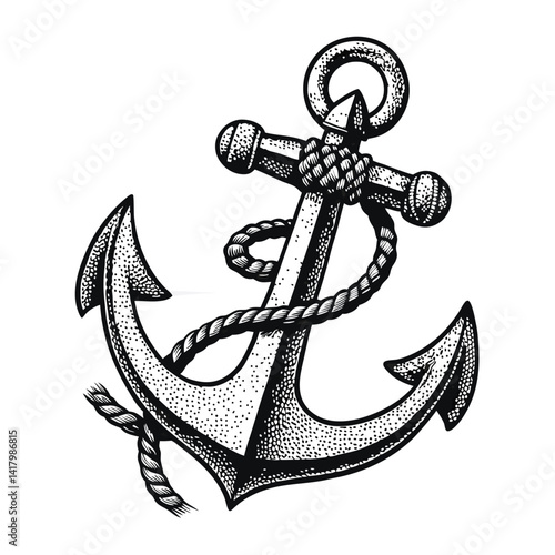 Monochromatic line-art anchor illustration – detailed nautical design with rope texture and stippled shading, featuring a classic maritime symbol in flat vector style for print and digital use