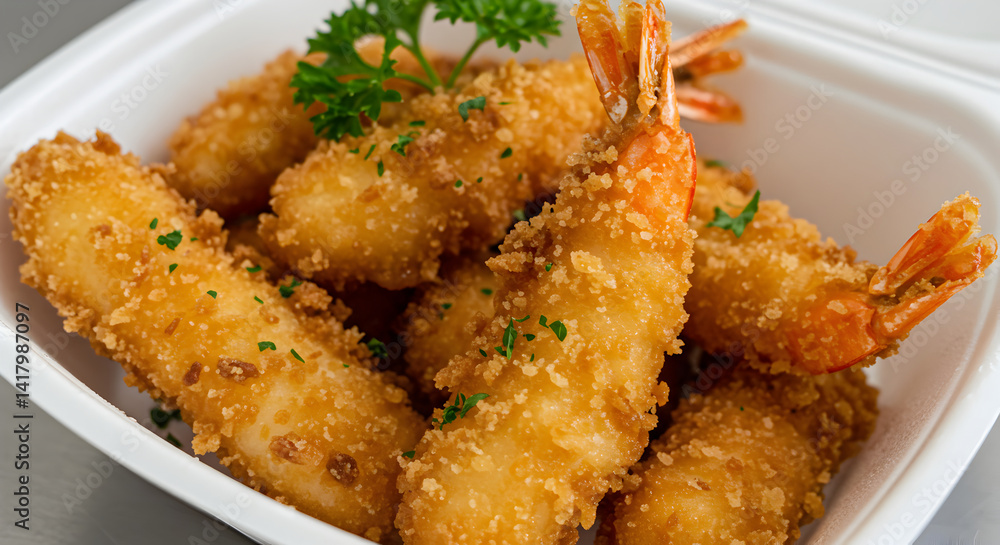 Crispy Tempura Shrimp With Garnished Parsley Placed In Disposable Container