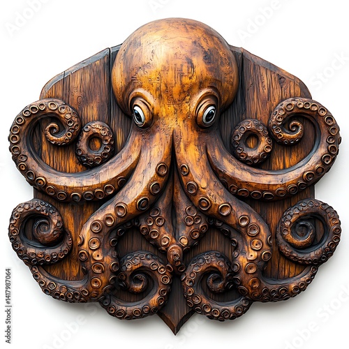 Nautical marine octopus art wood carving high resolution design
