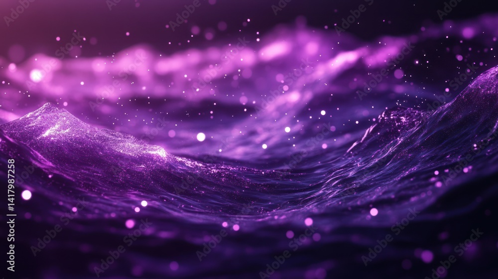Obraz premium Purple glowing waves, cosmic particles, dark background, abstract art, website banner