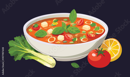 tomato soup with basil - Vector illustration