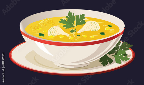 vegetable soup in a white bowl - Vector illustration