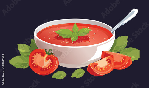 tomato soup with basil - Vector illustration