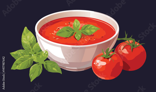 tomato soup with basil and tomato - Vector illustration