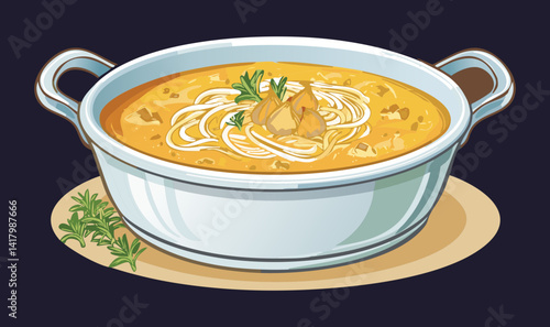 bowl of soup with chicken - Vector illustration