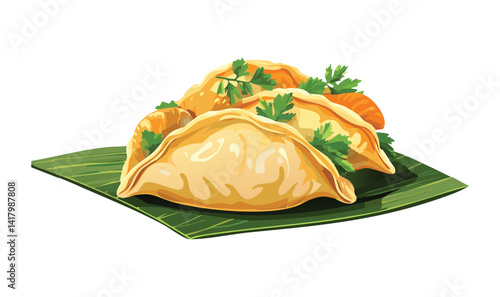 Gyoza Snack with Parsley Garnish - Vector Illustration